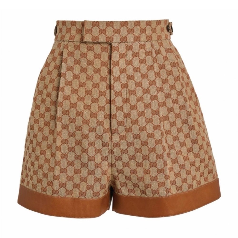 GUCCI GG Monogram Classic Print Linen
Blend Leather Shorts.